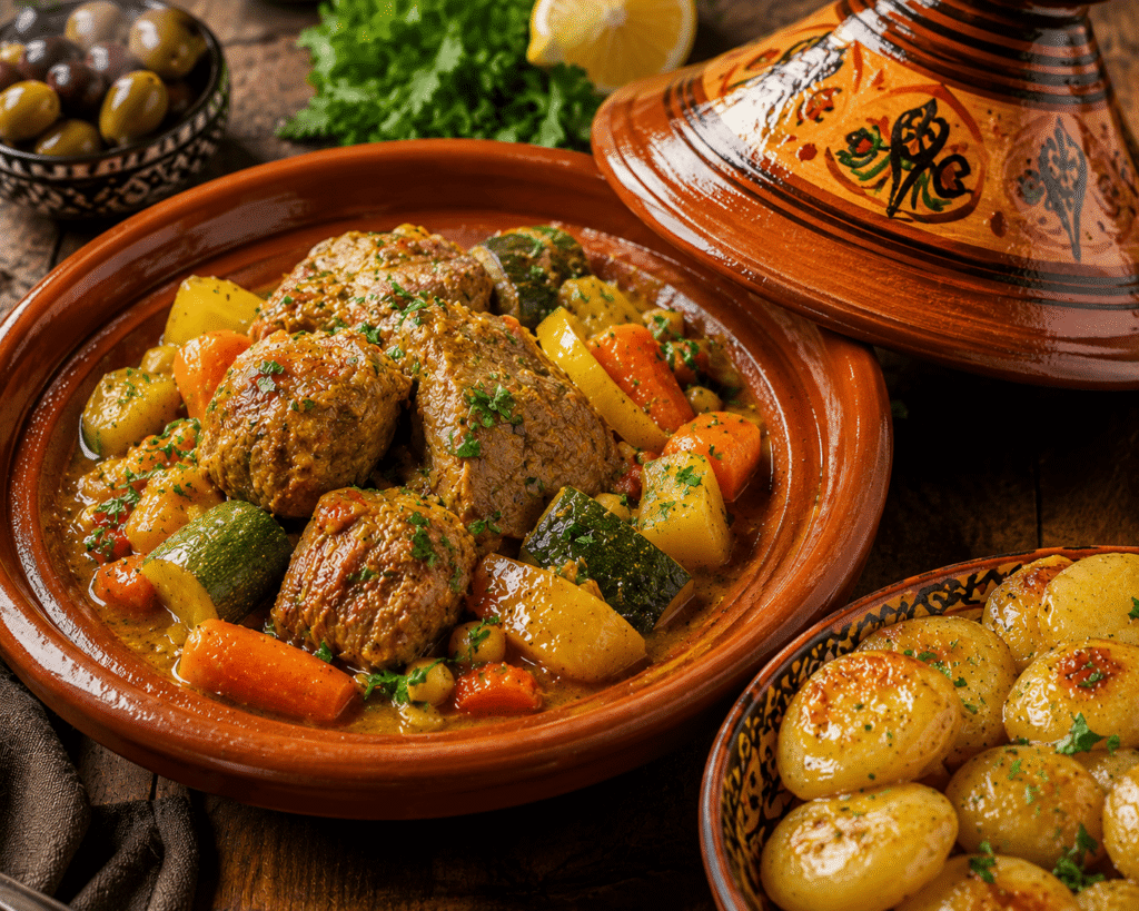 Tajine de poulet aux légumes, semoule et aubergine confite
