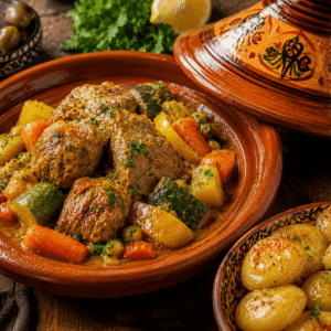 Tajine de veau aux légumes de saison et pommes de terre confites