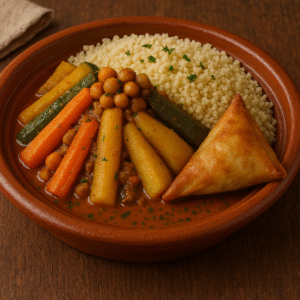 Tajine de légumes, croustillant de légumes confits, semoule aux épices