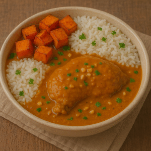 Mafé de poulet, riz et patate douce rôti