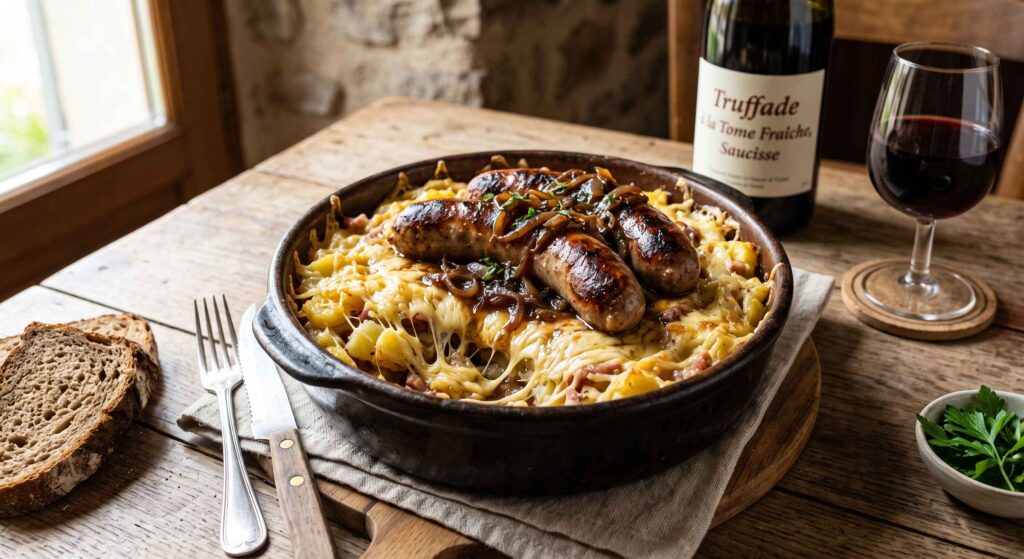 Truffade à la jeune tomme, saucisse et jus oignon
