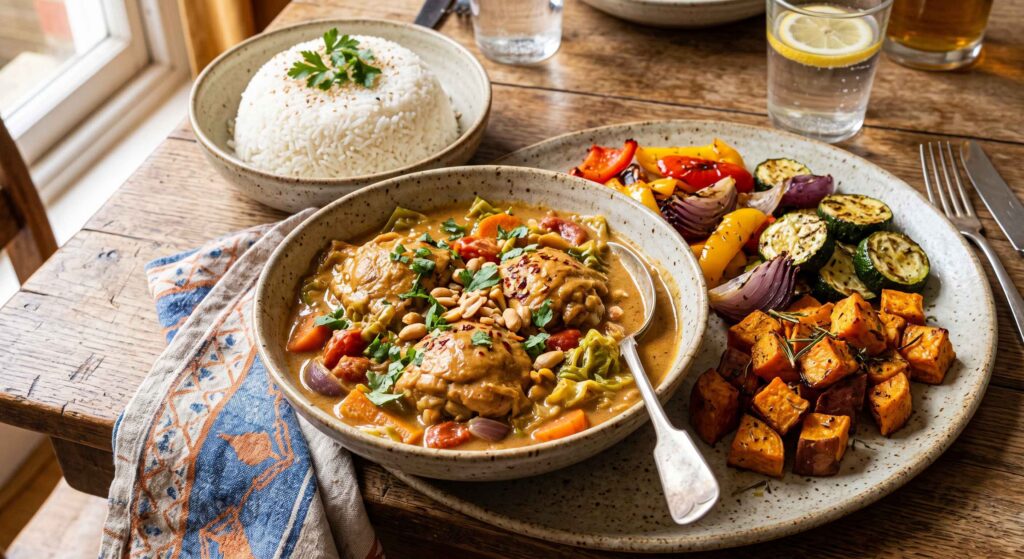 Mafé de poulet, riz et patate douce rôti