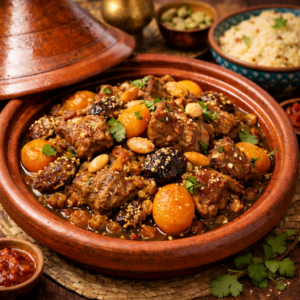 Tajine d'agneau et légumes de saison , semoule aux épices