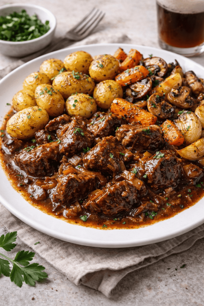 Carbonade flamande, pomme de terre grenailles et légumes rôtis