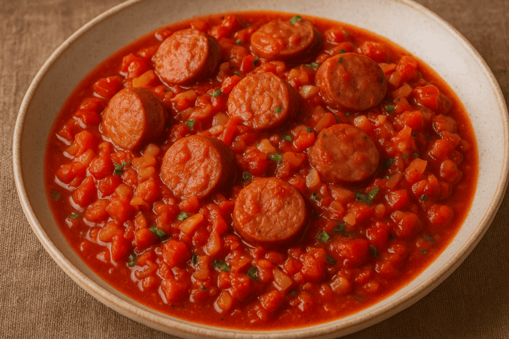 Rougail saucisse du Local, riz et légumes rôtis