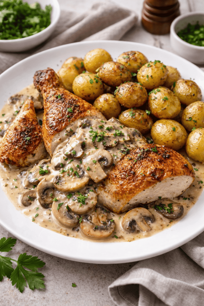 Poulet rôti sauce champignon