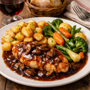 Poulet sauce porto, légumes sautés