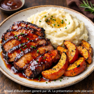 Porc confit sauce barbecue asiatique, purée de pomme de terre et courges rôtis