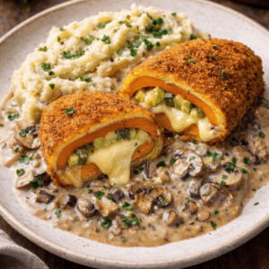 "Cordon bleu" au butternut, poireaux et fromage à raclette, purée de cèleri rôti et sauce champignon