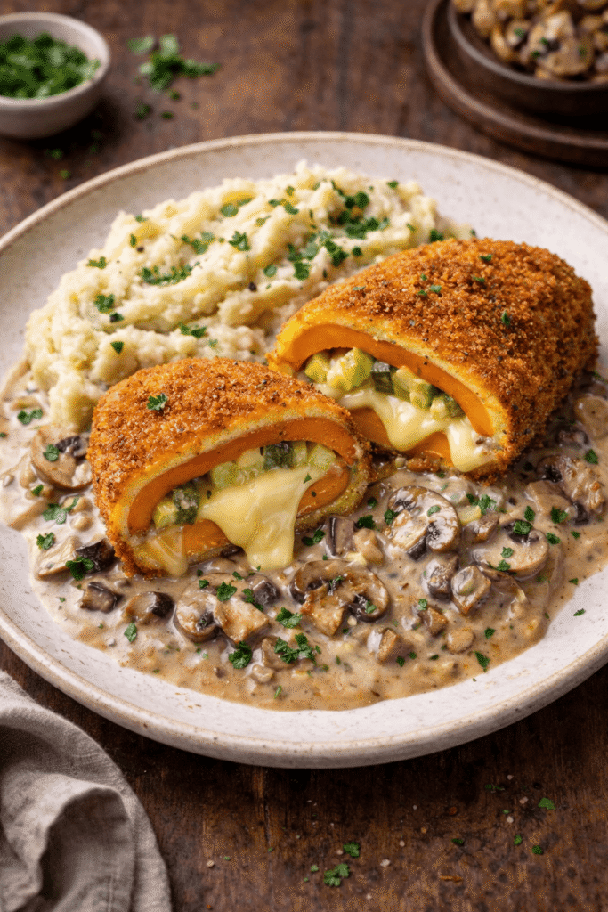 "Cordon bleu" au butternut, poireaux et fromage à raclette, purée de cèleri rôti et sauce champignon