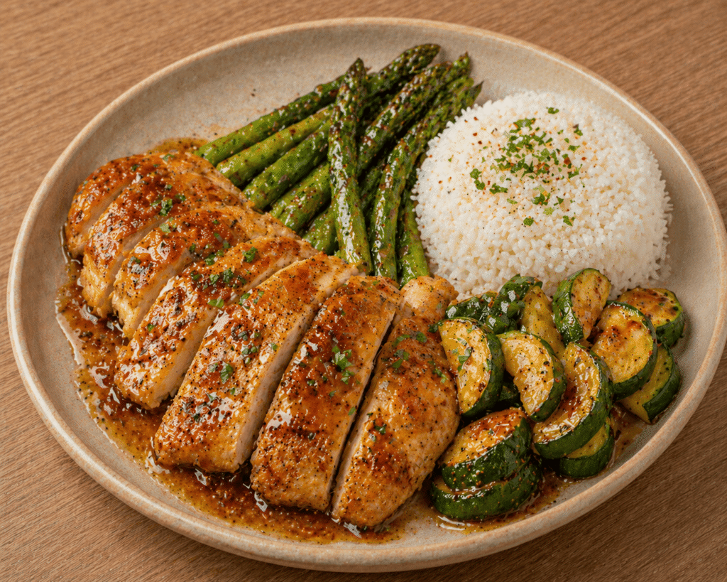 Poulet rôti aux épices douces, sauce miel-épices, courgettes laquées, asperges vertes, riz