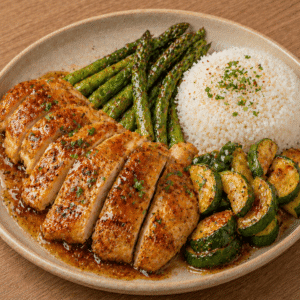 Poulet rôti aux épices douces, sauce miel-épices, courgettes laquées, asperges vertes, riz