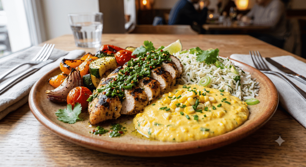 Poulet rôti sauce chimicchuri, crème de maïs, riz et légumes rôtis