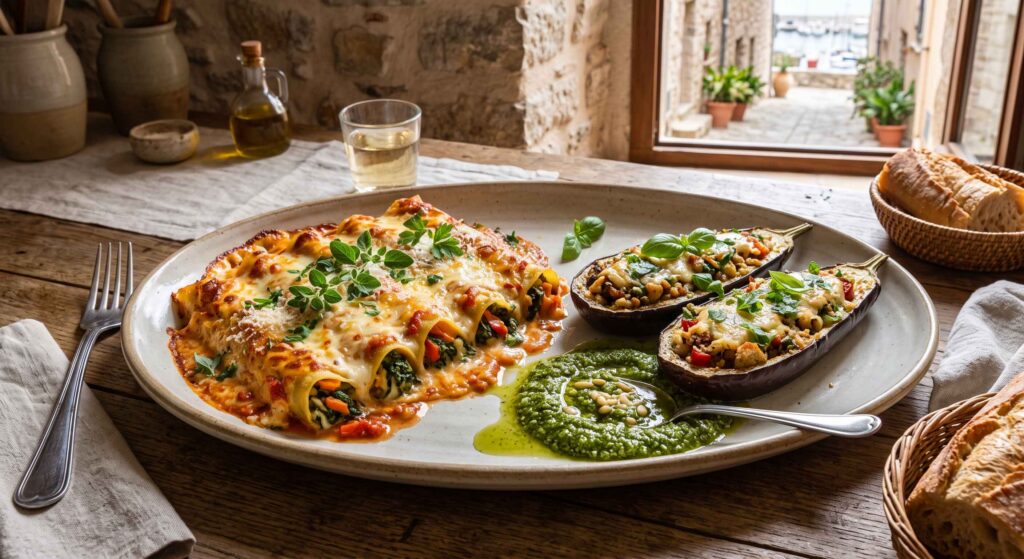 Cannelloni aux légumes, sauce feta, aubergine à la bonifacienne et pesto