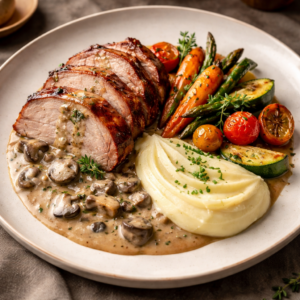 Rôti de porc confit, sauce aux champignons, aligot et légumes rôtis