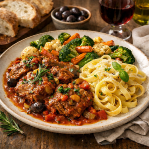 Veau marengo, fettuccini et légumes rôtis