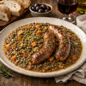 Saucisse lentille et jus légèrement moutardé