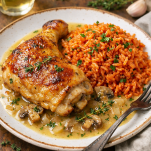 Poulet rôti, sauce vin blanc et thym