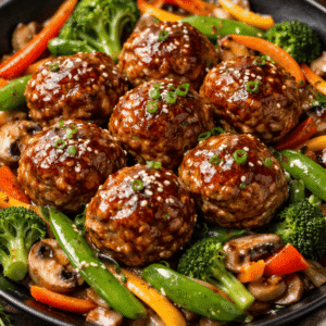 Boulette de porc à l'asiatique et petits légumes