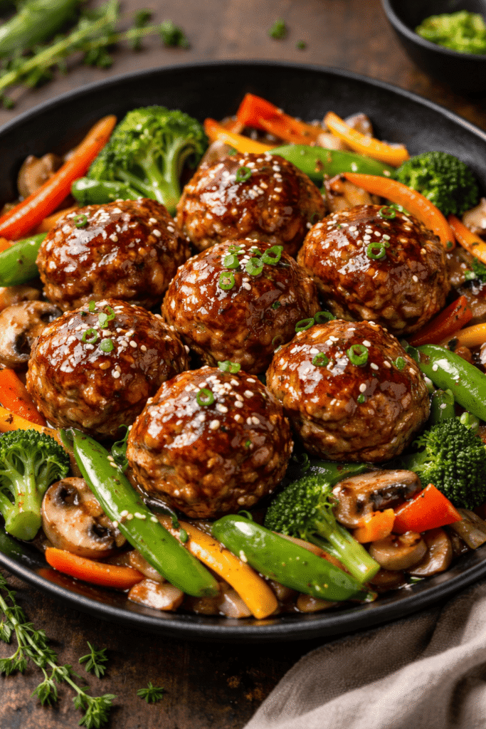 Boulette de porc à l'asiatique et petits légumes