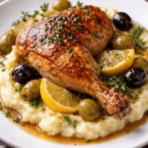 Poulet rôti sauce citron confit olive, purée de pomme de terre