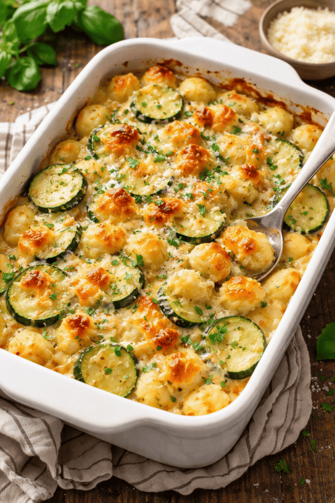 Gratin de gnocchi, ricotta, courgette et aubergine confite