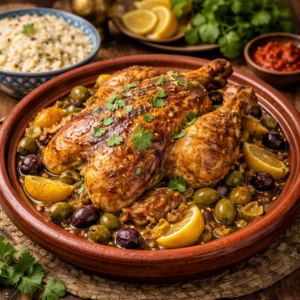 Poulet rôti sauce citron confit olive, riz