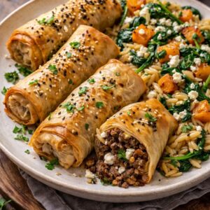Borek de Bœuf feta, orzo, butternut et légumes rôtis