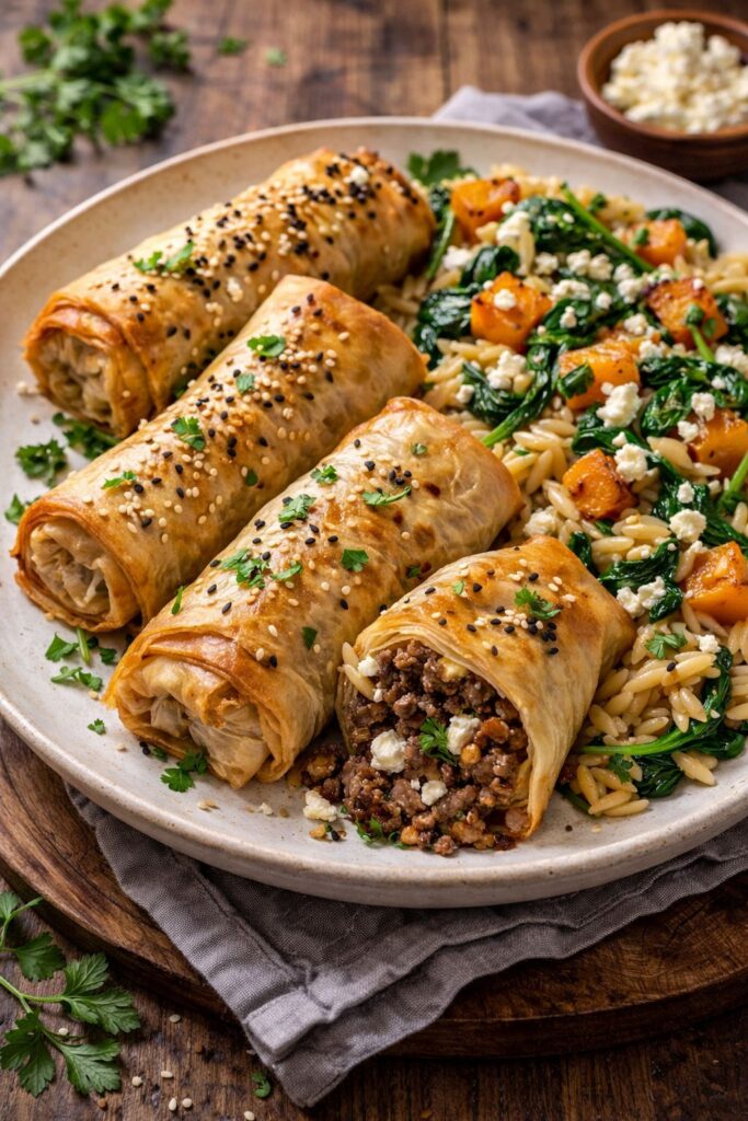 Borek de Bœuf feta, orzo, butternut et légumes rôtis