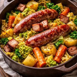 Potée de choux, saucisse de Toulouse et légumes rôtis