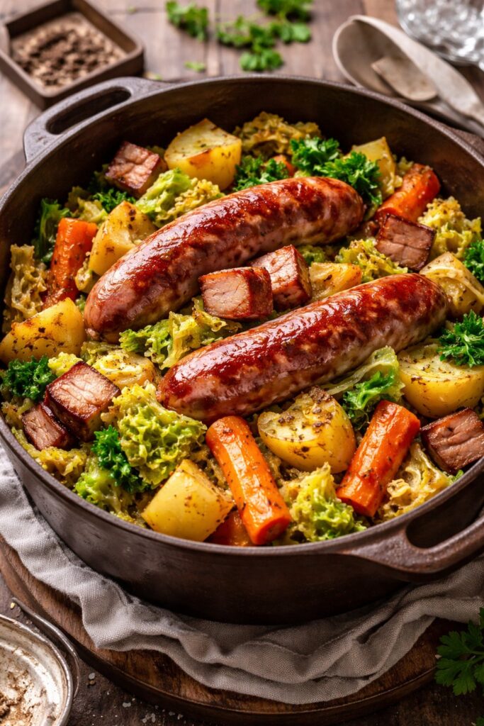 Potée de choux, saucisse de Toulouse et légumes rôtis