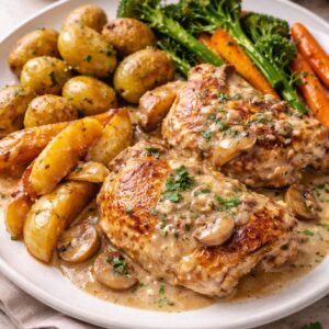 Poulet à la Normande, pomme de terre, pommes caramélisées et légumes rôtis
