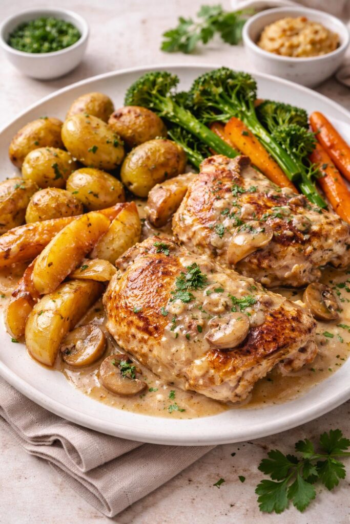 Poulet à la Normande, pomme de terre, pommes caramélisées et légumes rôtis