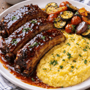 Ribs confit sauce du Local, polenta légumes rôtis