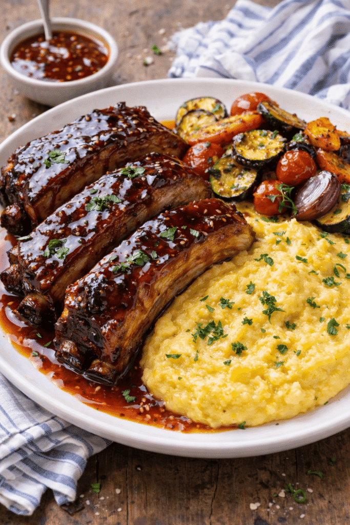 Ribs confit sauce du Local, polenta légumes rôtis