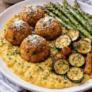 Arrancini parmesan champignon, crème de légume, courgettes et asperges vertes rôties