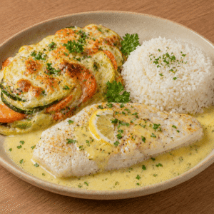 Lieu noir en sauce Beurre blanc citronné, gratin de légumes et riz