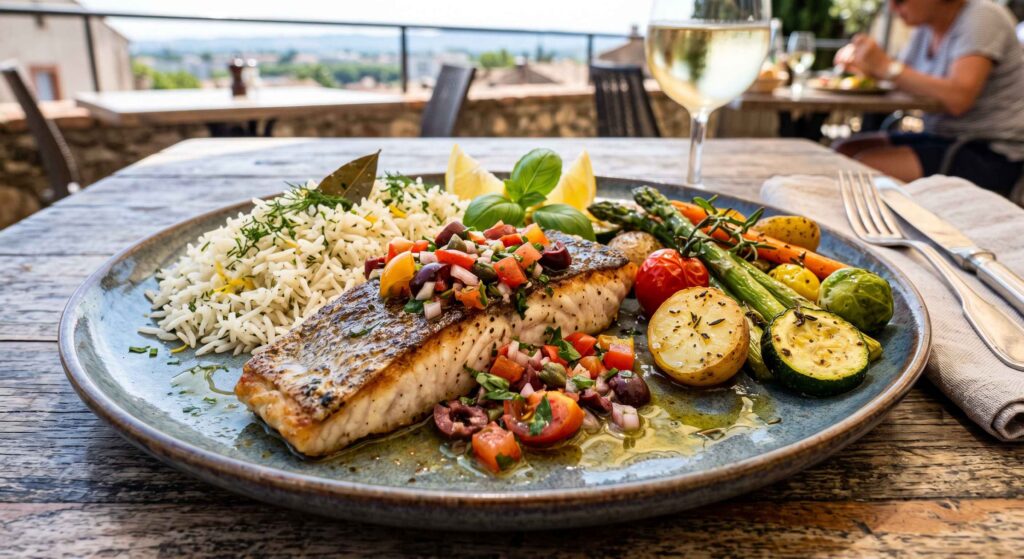 Filet de poisson du jour, sauce vierge, riz et légumes