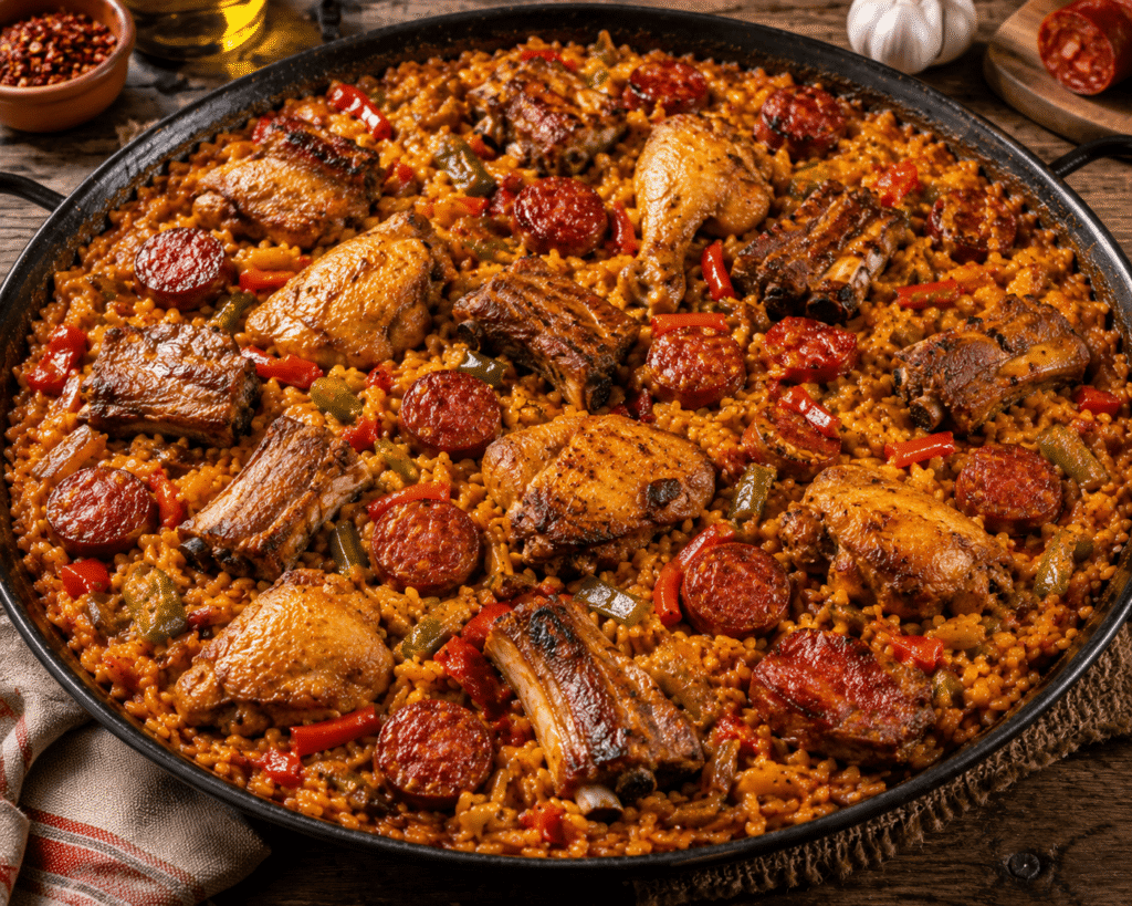 Paella du Local, poulet, chorizo, travers de porc