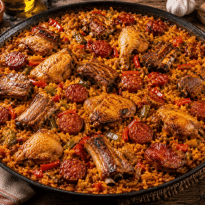 Paella du Local, poulet, chorizo, travers de porc