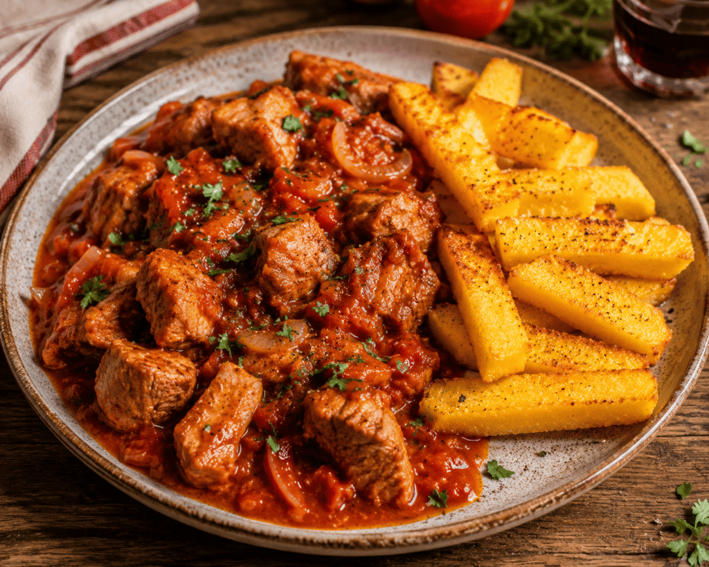 Sauté de porc en sauce tomate, frites de polenta