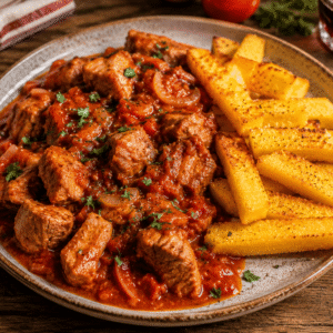Sauté de porc en sauce tomate, frites de polenta
