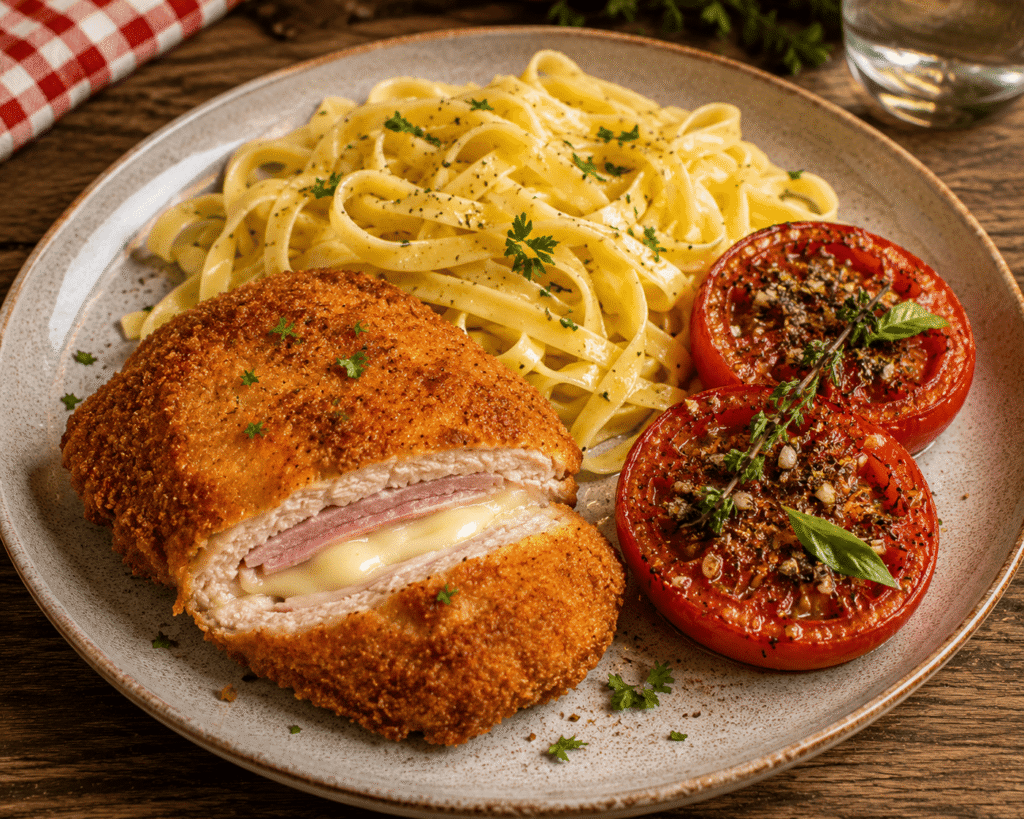Cordon bleu de poulet et comté, tagliatelle et tomate à la provençale