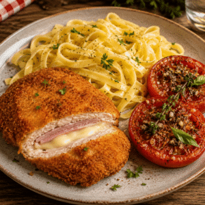 Cordon bleu de poulet et comté, tagliatelle et tomate à la provençale