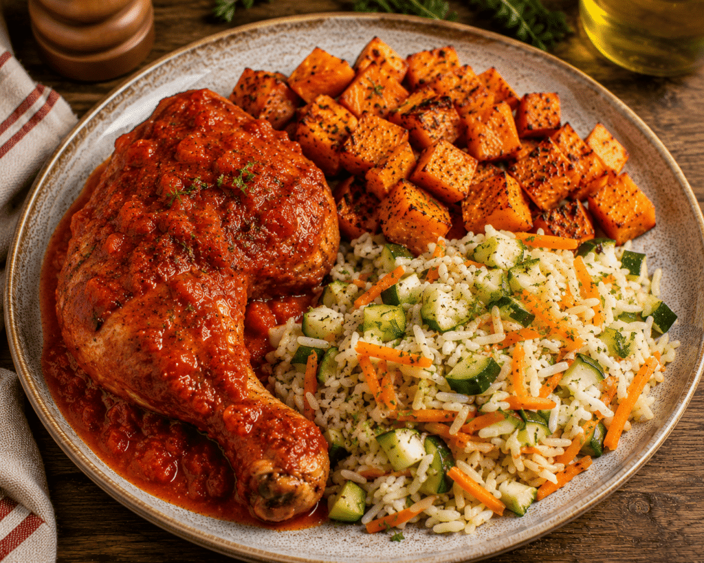 Poulet rôti au gingembre miel, patates douces rôties et riz courgette et carotte
