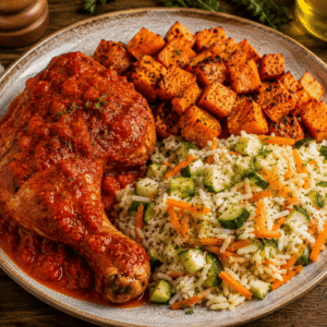 Poulet rôti au gingembre miel, patates douces rôties et riz courgette et carotte