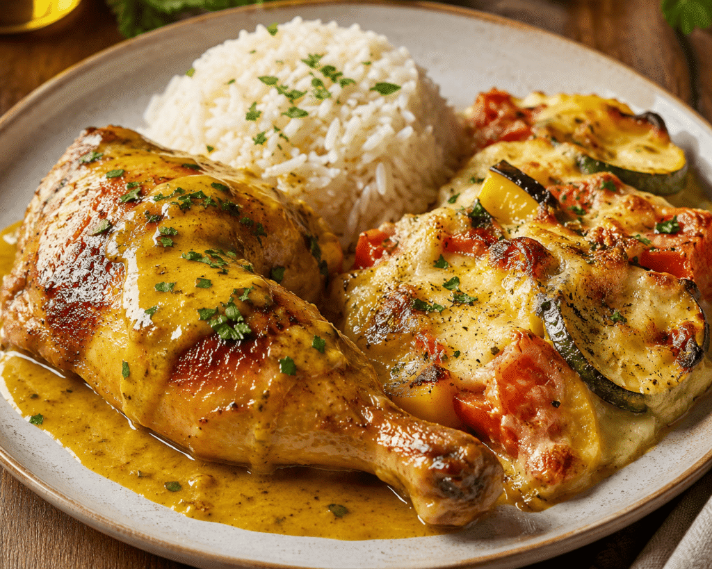 Poulet rôti sauce curry, légumes rôtis et riz