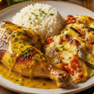 Poulet rôti sauce curry, gratin de légumes et riz