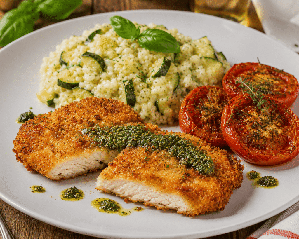 Escalope de poulet panée, pesto, risotto de courgette et tomate à la provençale