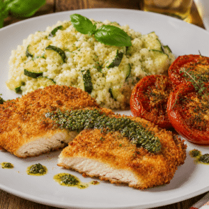 Escalope de poulet panée, pesto, risotto de courgette et tomate à la provençale
